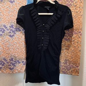 White House Black Market Black Sheer Sleeve Ruffles Gold Buttons Blouse Sz S